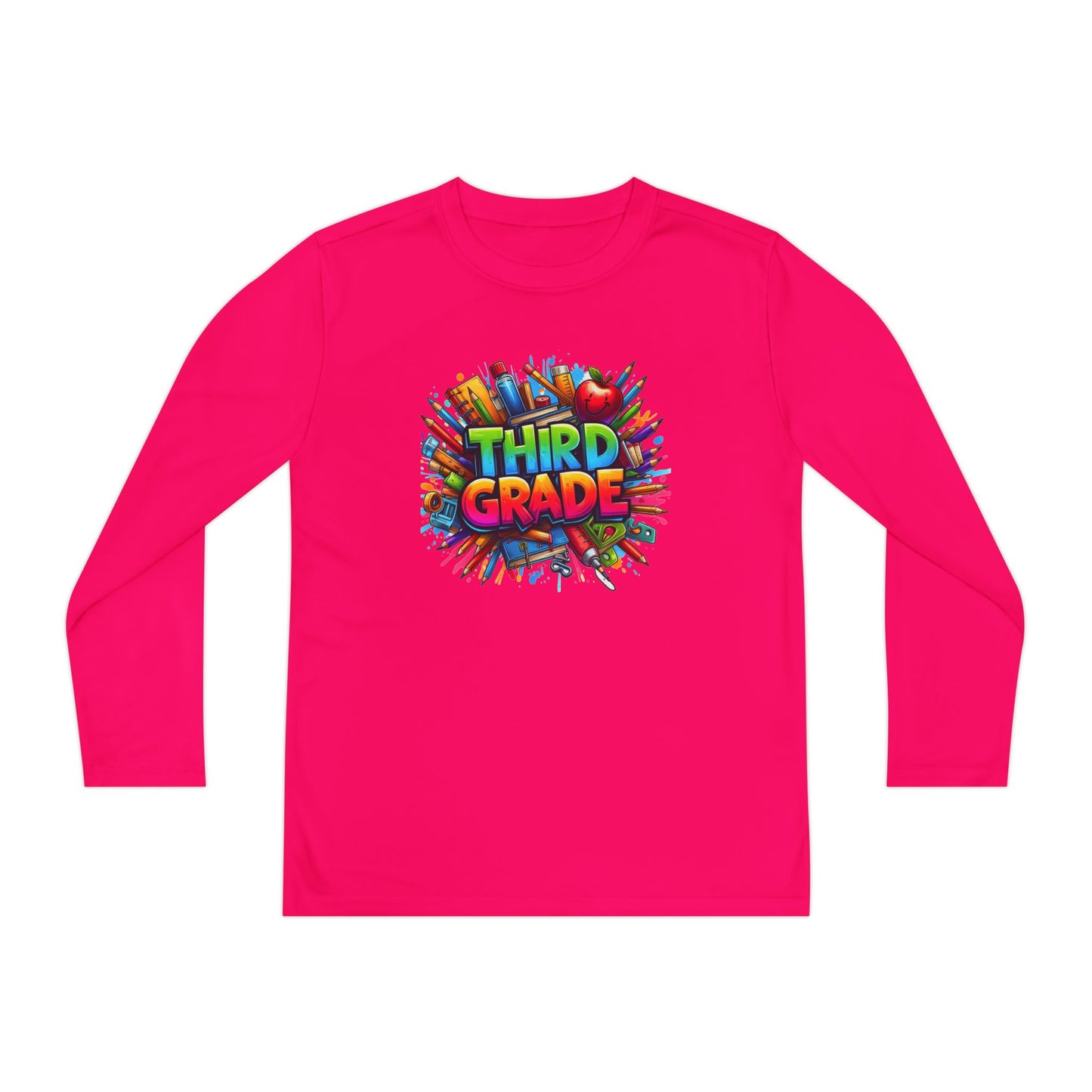 Third Grade Youth Long Sleeve Tee — Colorful School Supplies Design