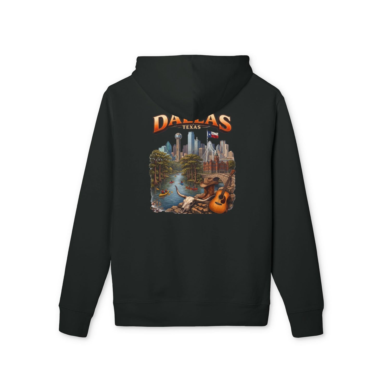 Dallas Cityscape Hoodie — Retro Skyline, River & Guitar Graphic