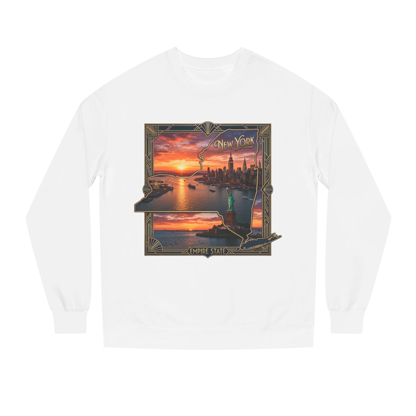New York Sunset Crewneck Sweatshirt — Statue of Liberty Skyline Graphic