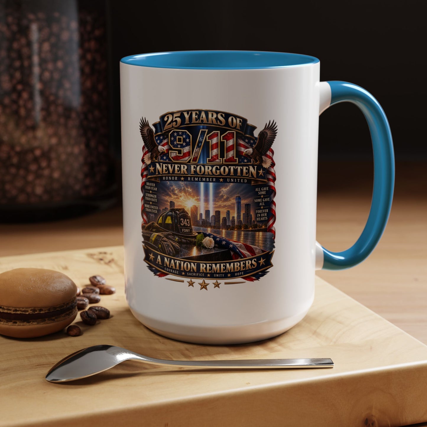 9/11 Memorial Coffee Mug — "25 Years of Never Forgotten" Patriot Tribute