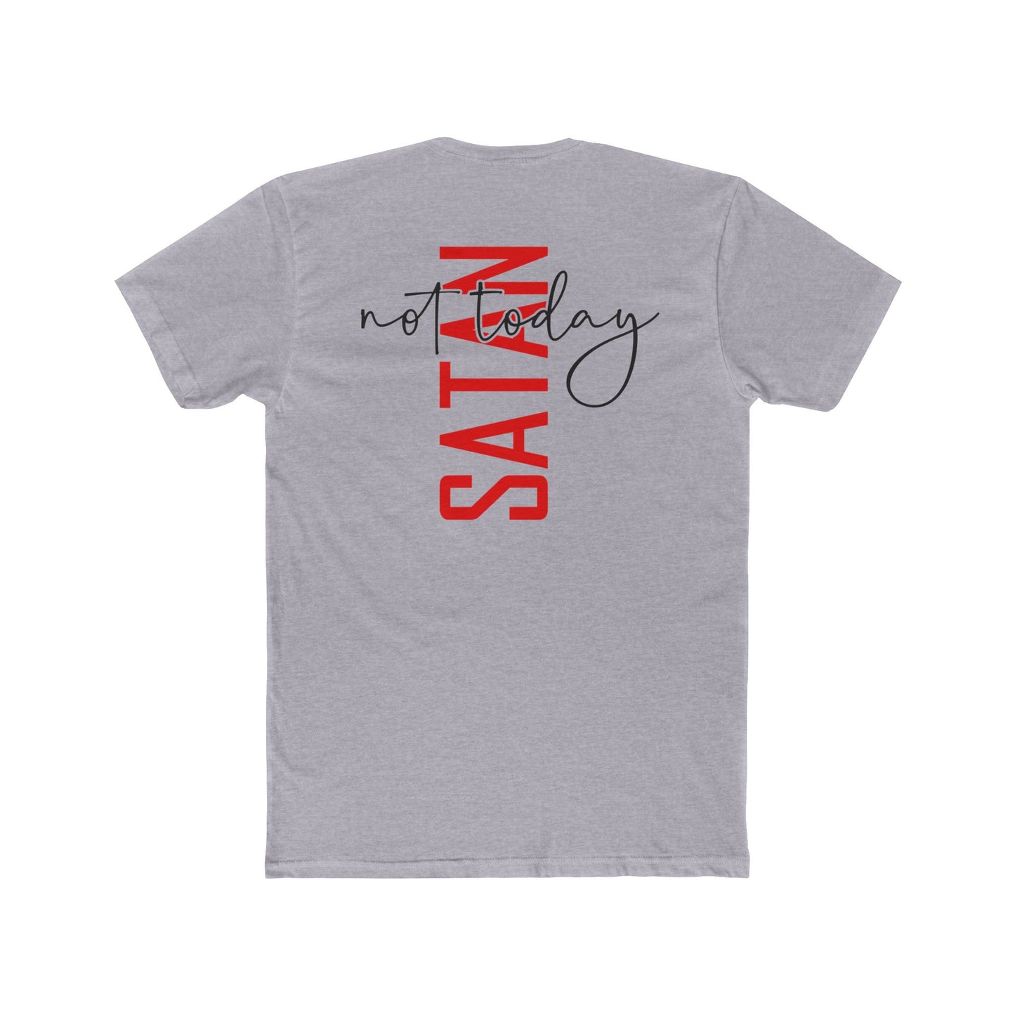 Crew Tee — "No Today Satan" Vertical Red Text Graphic T‑Shirt