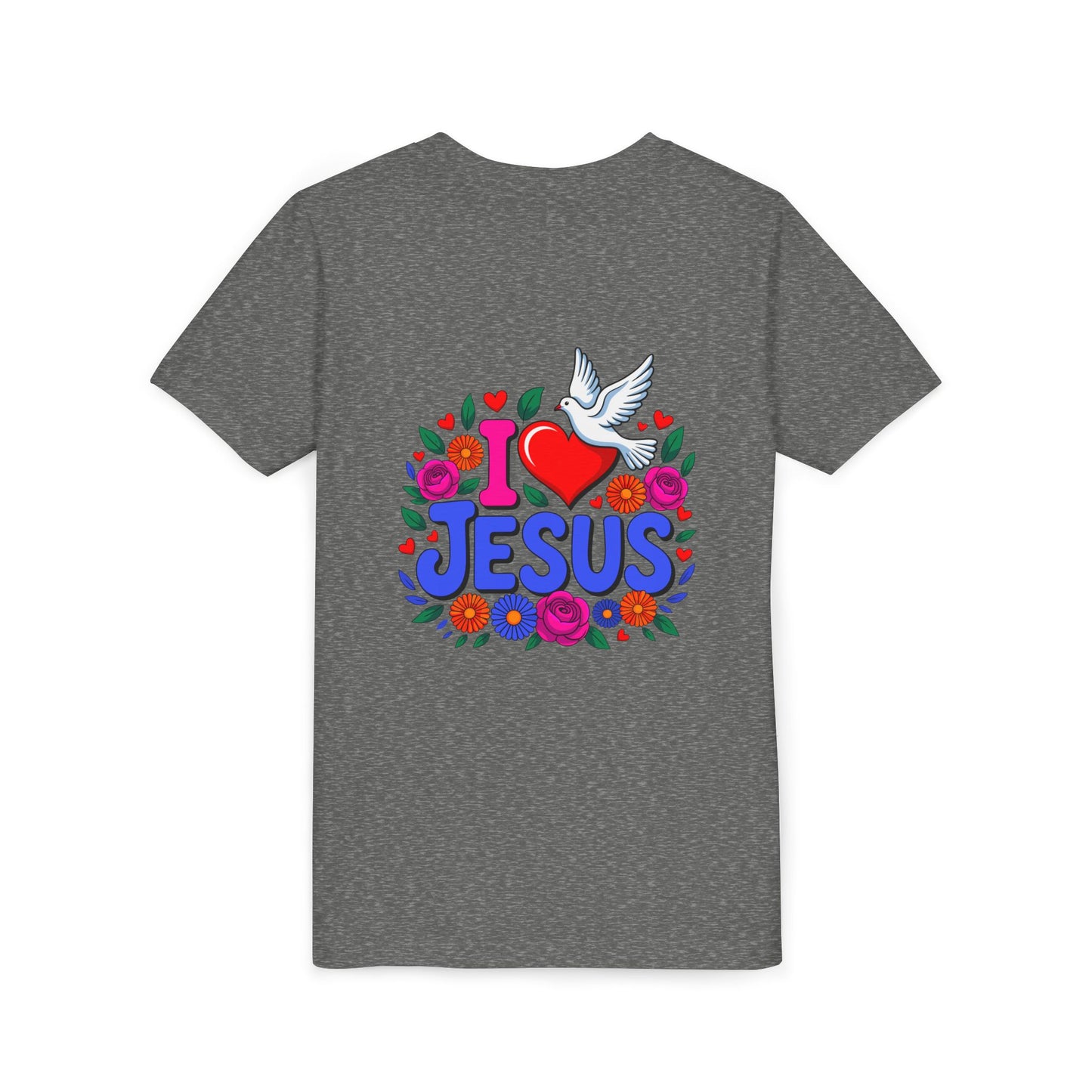 Youth Tee — "I  Jesus" Colorful Dove & Floral Christian Shirt