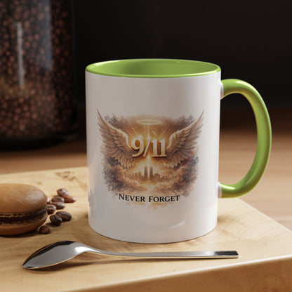 9/11 Never Forget Accent Coffee Mug — Memorial Tribute Ceramic Mug