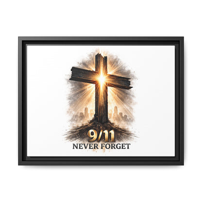 9/11 Never Forget Framed Canvas Wall Art — Memorial Cross Tribute