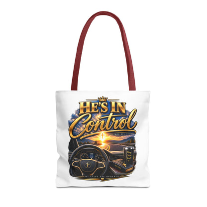He's In Control Christian Tote Bag — Faith-Inspired Inspirational Grocery & Daily Carry AOP