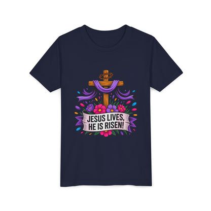 Youth Tee — "Jesus Lives, He Is Risen!" Easter Christian Tee