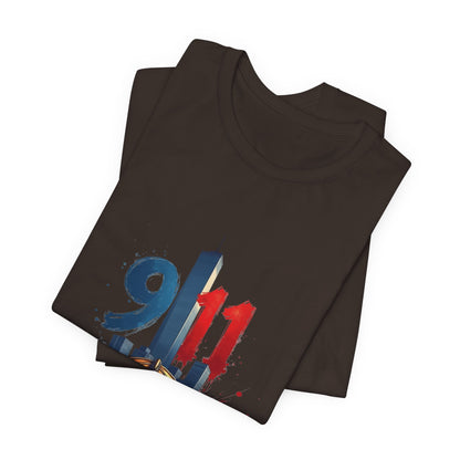 9/11 Firefighter Memorial Tee — Tribute T-Shirt with Helmet & Twin Towers Design