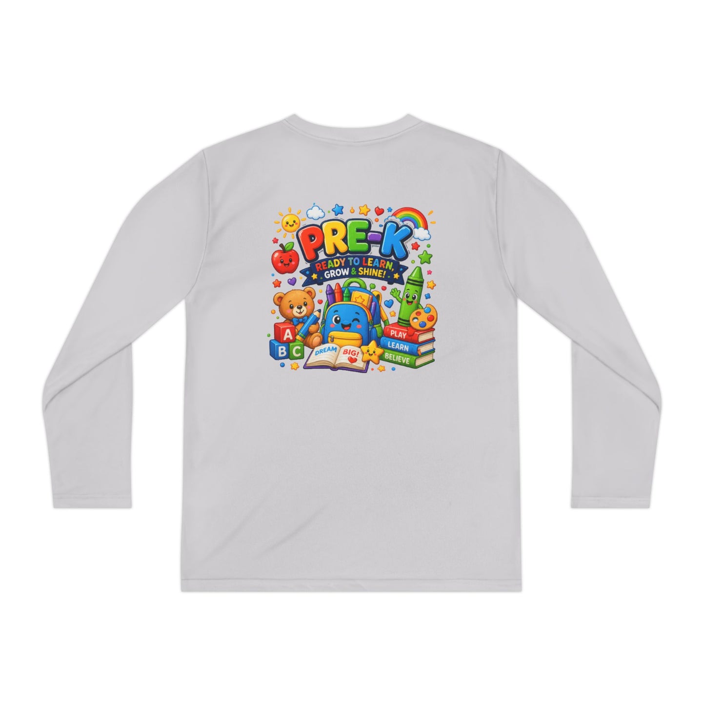 PRE-K Kids Long Sleeve Tee — Back-to-School Preschool Shirt ("Ready to Learn, Grow & Shine")