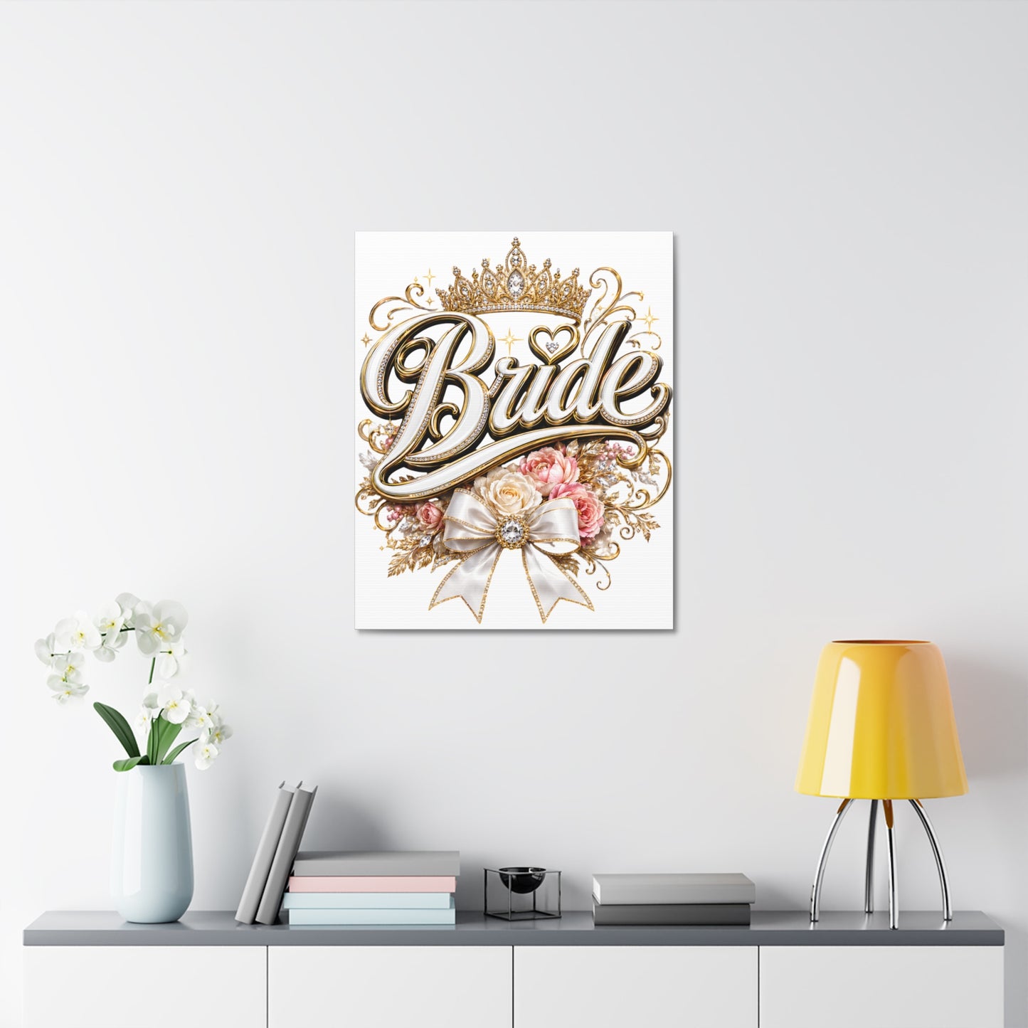 Bride Stretched Canvas – Gold Crown Floral Wedding Wall Art