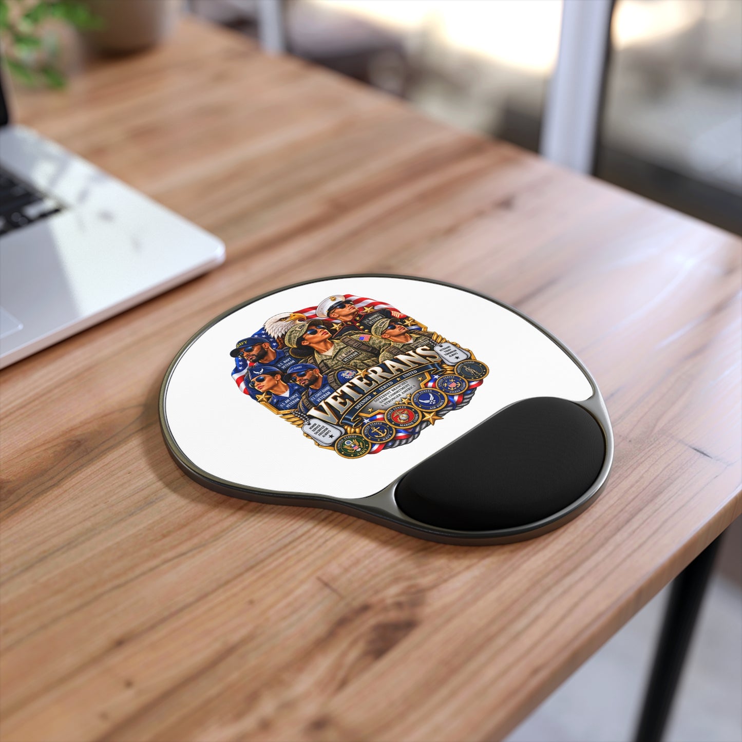 Veterans Tribute Mouse Pad with Wrist Rest — Patriotic Military Emblem