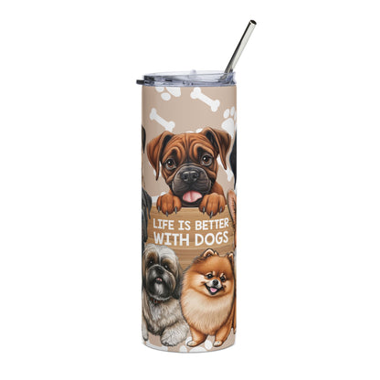 Dog Lover 20oz Stainless Tumbler — "Life Is Better With Dogs" Paw Print Design