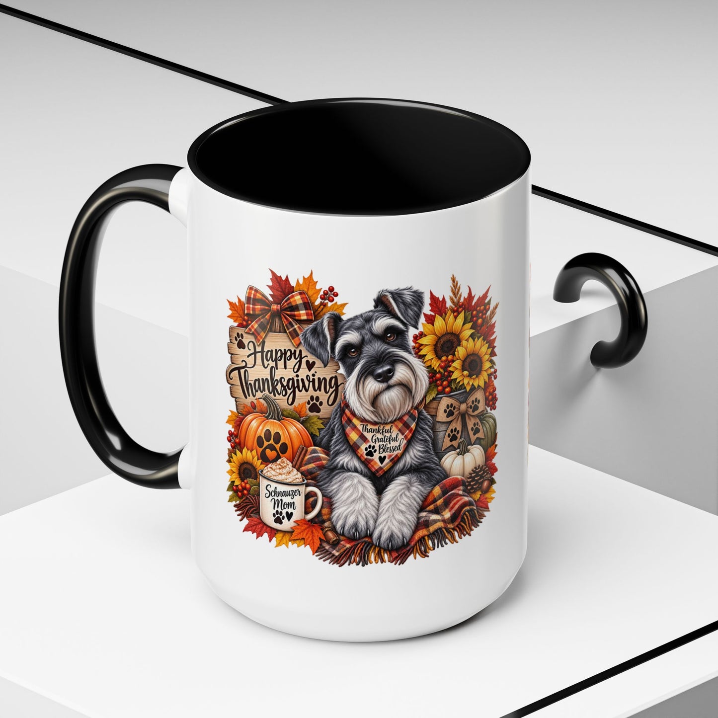 Thanksgiving Schnauzer Coffee Mug — 'Happy Thanksgiving' Autumn Dog Mug (11/15oz)