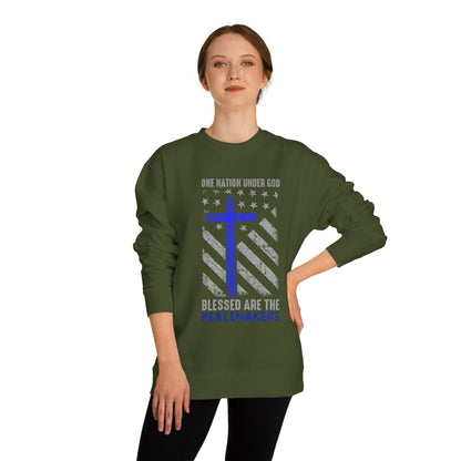Blessed Are The Peacemakers Crewneck Sweatshirt — One Nation Under God Christian Flag Design