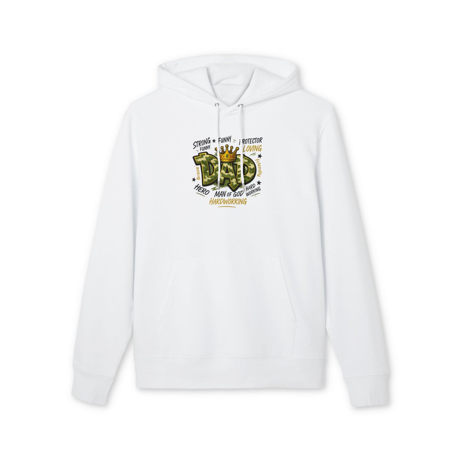 Dad Hoodie — 'Dad' Crown Graphic with 'Strong • Funny • Protector' Typography