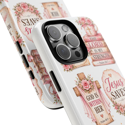 Christian Phone Case — Jesus Saves Floral Tough Case with 'God Is Within Her' & 'Trust God' Design