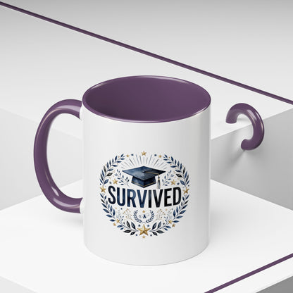 Survived Graduation Coffee Mug — Floral Laurel Grad Cap Accent Mug (11/15oz)