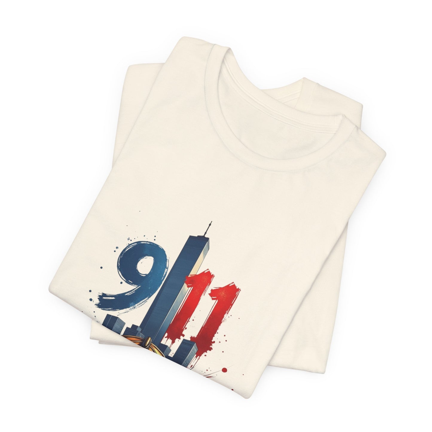 9/11 Firefighter Memorial Tee — Tribute T-Shirt with Helmet & Twin Towers Design