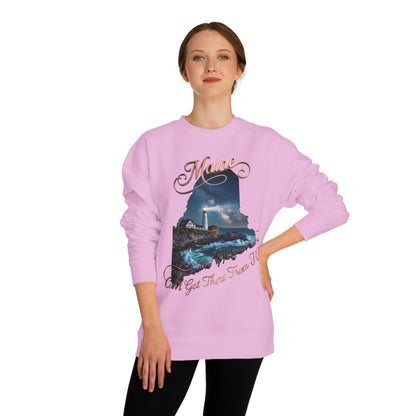 Maine Lighthouse Crewneck Sweatshirt — "Can't Get There From Here" Coastal Graphic