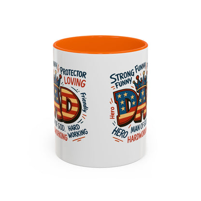 Dad Coffee Mug — Patriotic "DAD" Design with Loving, Hardworking, Protector Keywords (11/15oz Accent Mug)