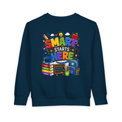 Toddler Sweatshirt — "Smart Starts Here" Back-to-School Kids Crewneck