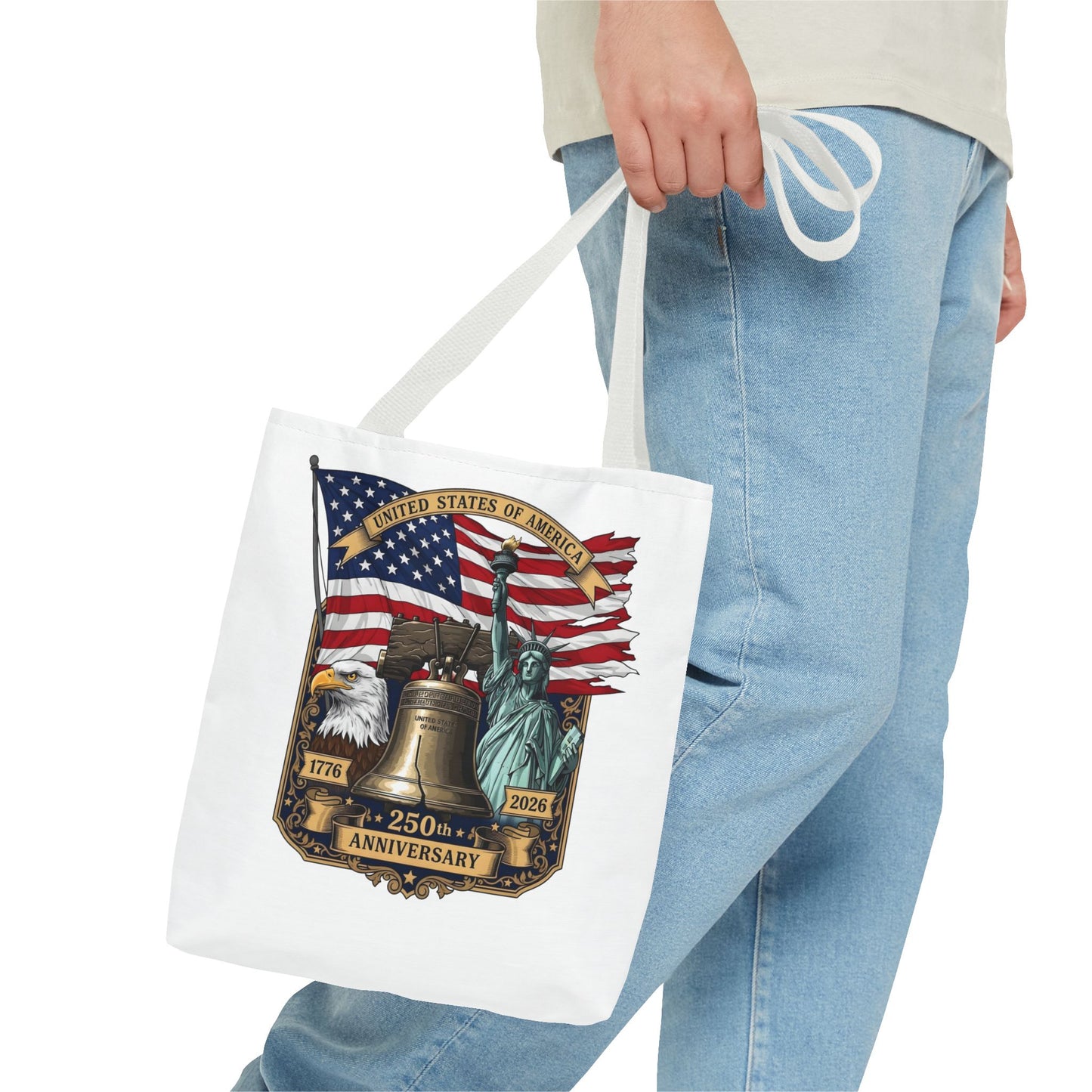 Patriotic 250th Anniversary Tote Bag — USA Flag, Liberty Bell & Eagle Design
