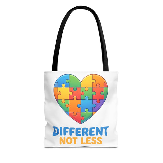 Autism Awareness Tote Bag — "Different Not Less" Heart Puzzle Design