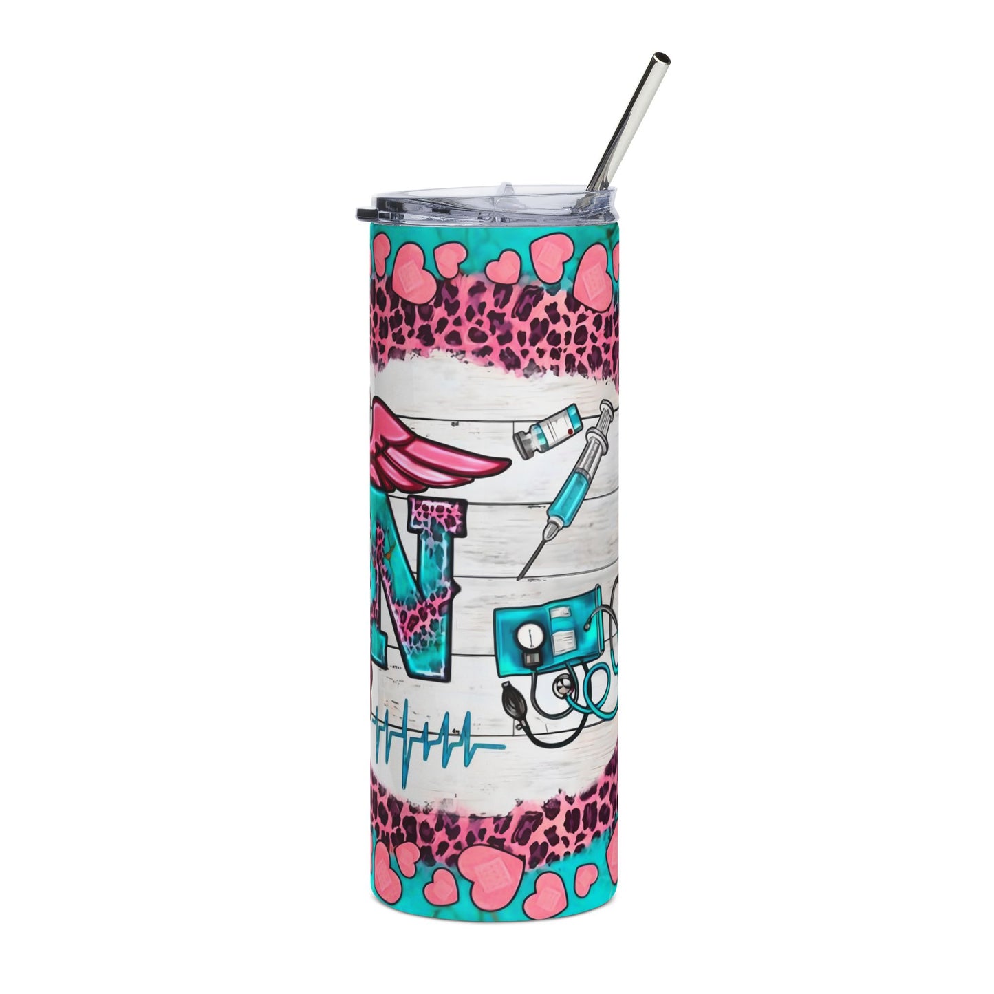 RN Caduceus Leopard Print 20oz Stainless Tumbler — Teal & Pink Nurse Gift