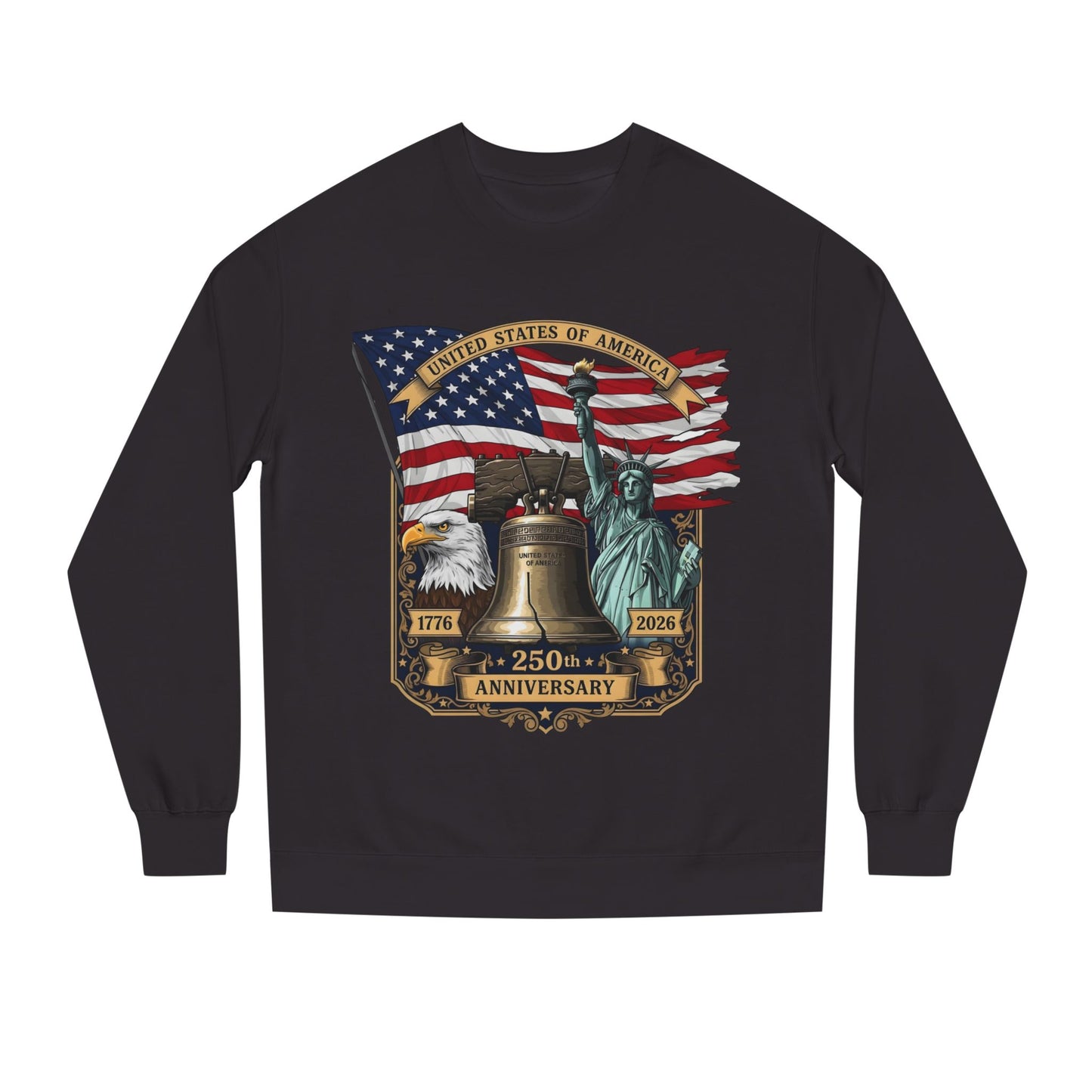 Liberty 250th Anniversary Sweatshirt — USA Flag, Statue of Liberty & Liberty Bell Design