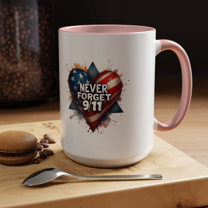 Never Forget 9/11 Heart Accent Coffee Mug – Patriotic Memorial 11/15oz