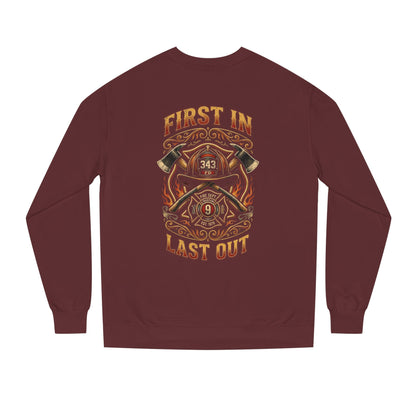 Firefighter Crewneck Sweatshirt — "First In, Last Out" Vintage Fire Department Design