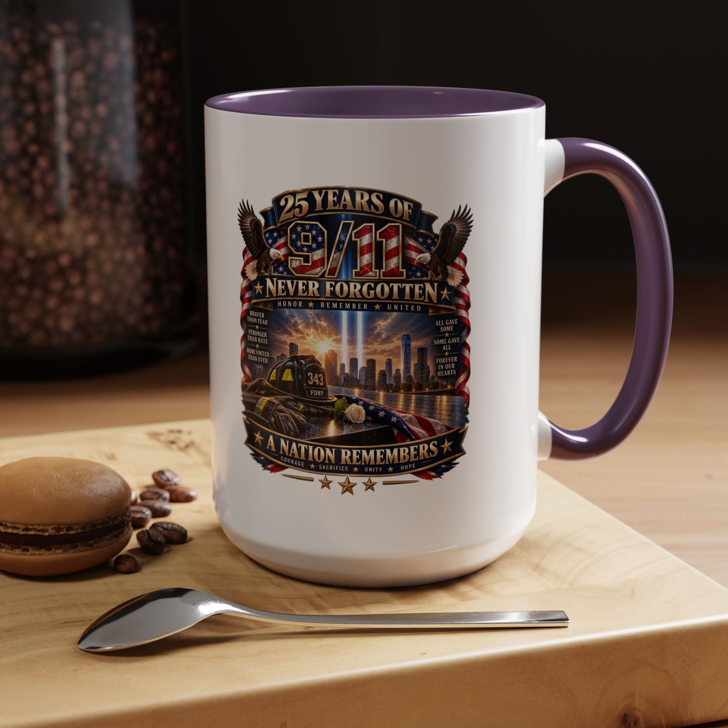 9/11 Memorial Coffee Mug — "25 Years of Never Forgotten" Patriot Tribute