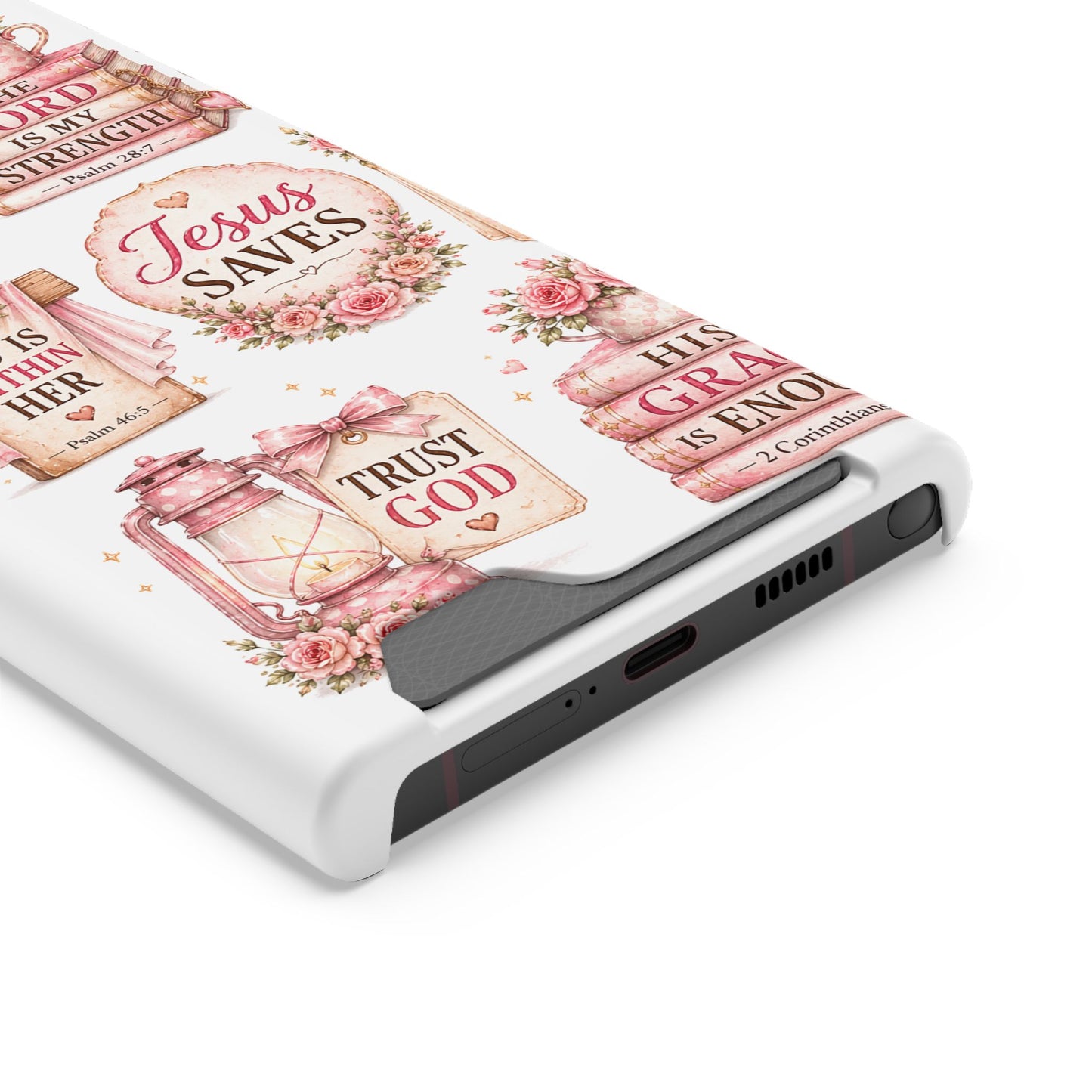Christian Floral Phone Case with Card Holder — 'Jesus Saves' Inspirational Design