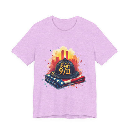 Never Forget 9/11 Memorial T-Shirt — Firefighter Helmet & Flag Tribute Tee