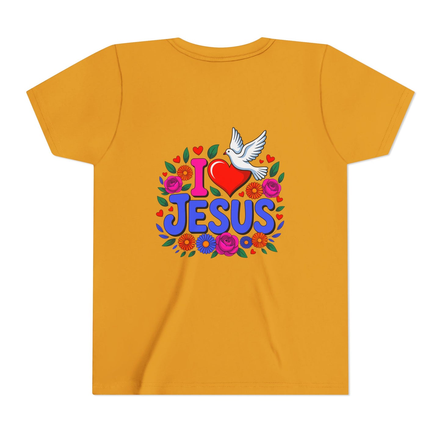 Youth Tee — "I  Jesus" Colorful Dove & Floral Christian Shirt