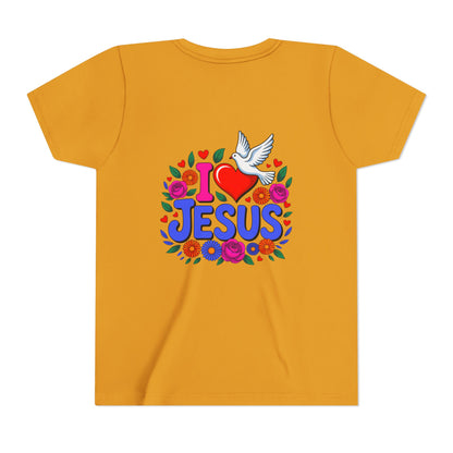 Youth Tee — "I  Jesus" Colorful Dove & Floral Christian Shirt