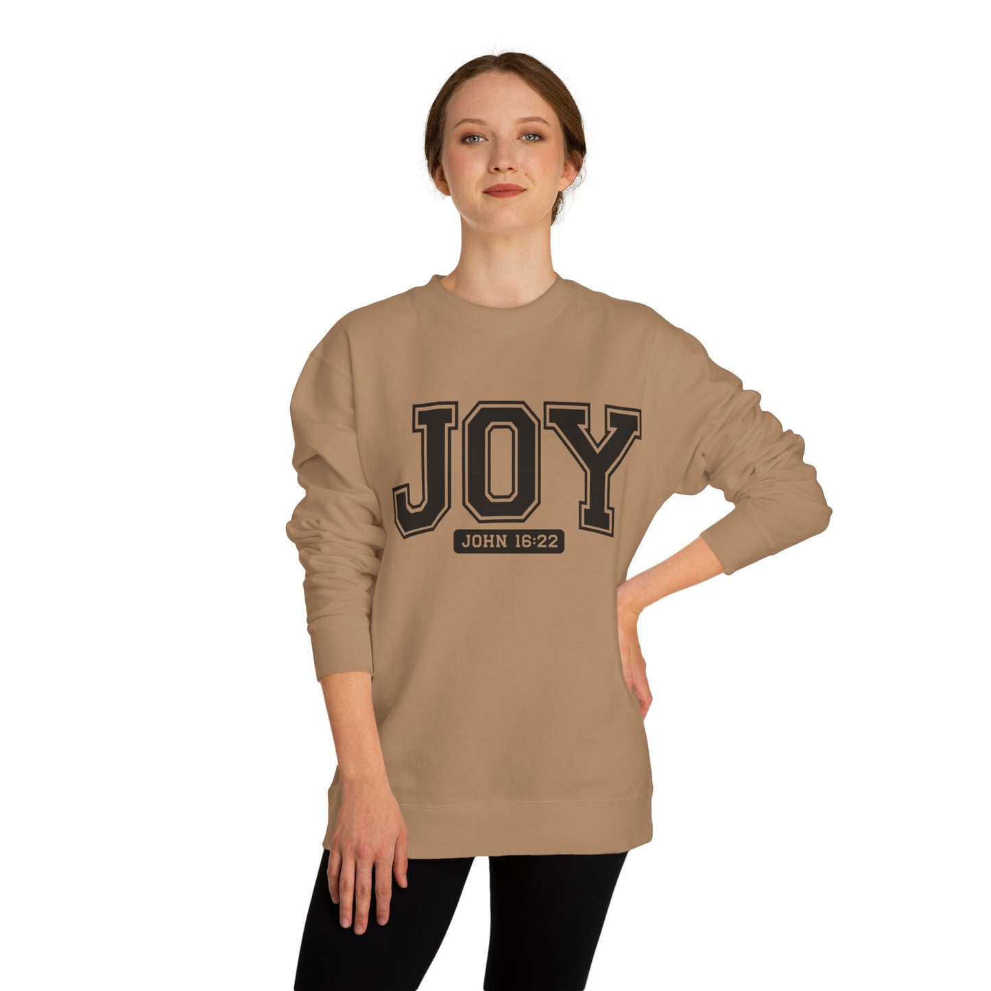 JOY Crewneck Sweatshirt — Bold Collegiate Faith Design (John 16:22)