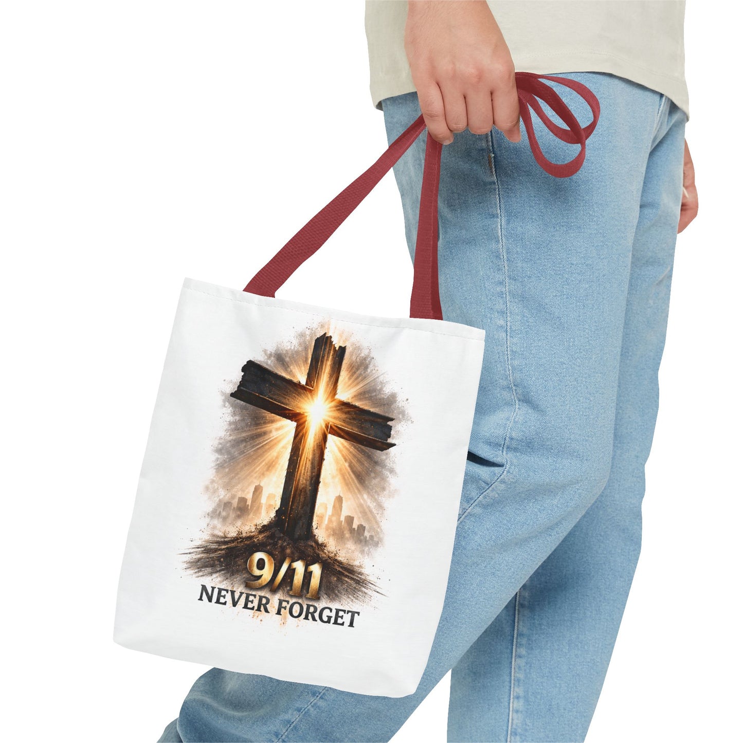9/11 Never Forget Cross Memorial Tote Bag — Patriotic Remembrance Shopper