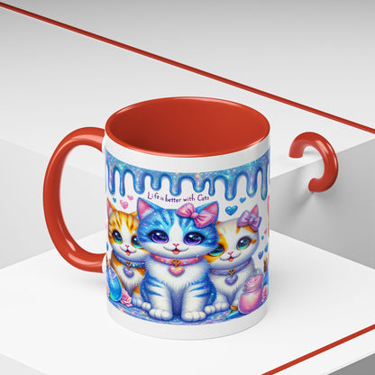 Cute Kawaii Cats Coffee Mug - "Life is Better with Cats" Accent Mug