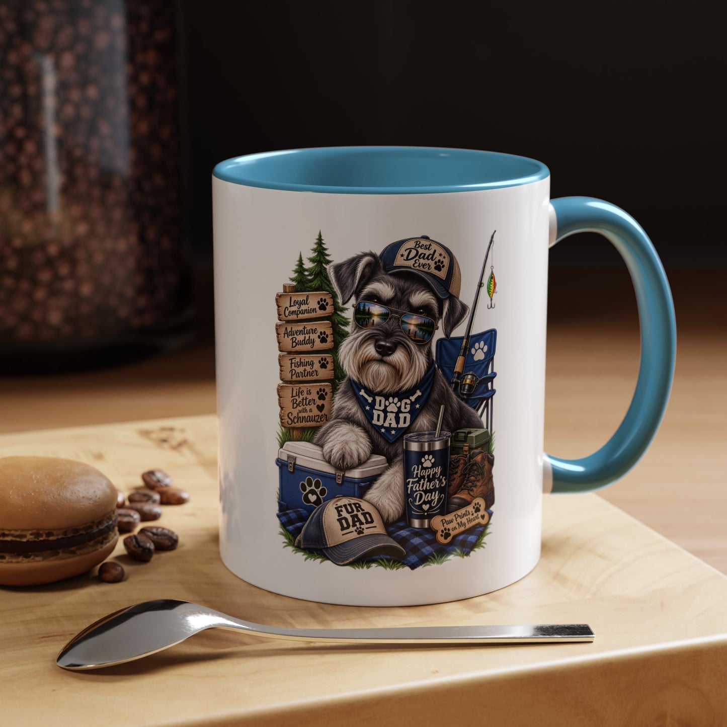 Schnauzer Dad Accent Coffee Mug – "Dog Dad" Camping Paw Print Design (11/15oz)