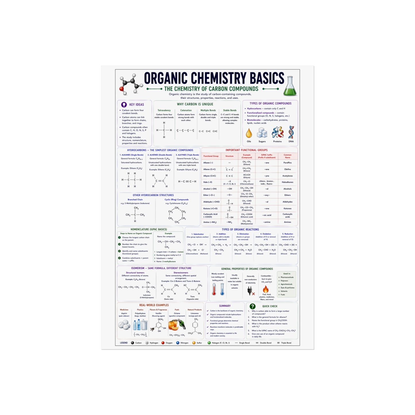 Organic Chemistry Basics Poster – Fine Art Educational Print (Reaction Types, Functional Groups, Nomenclature)