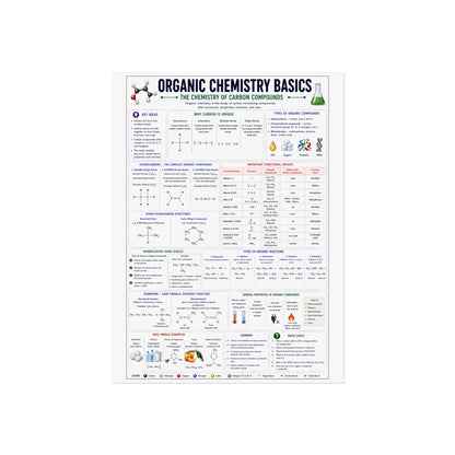 Organic Chemistry Basics Poster – Fine Art Educational Print (Reaction Types, Functional Groups, Nomenclature)