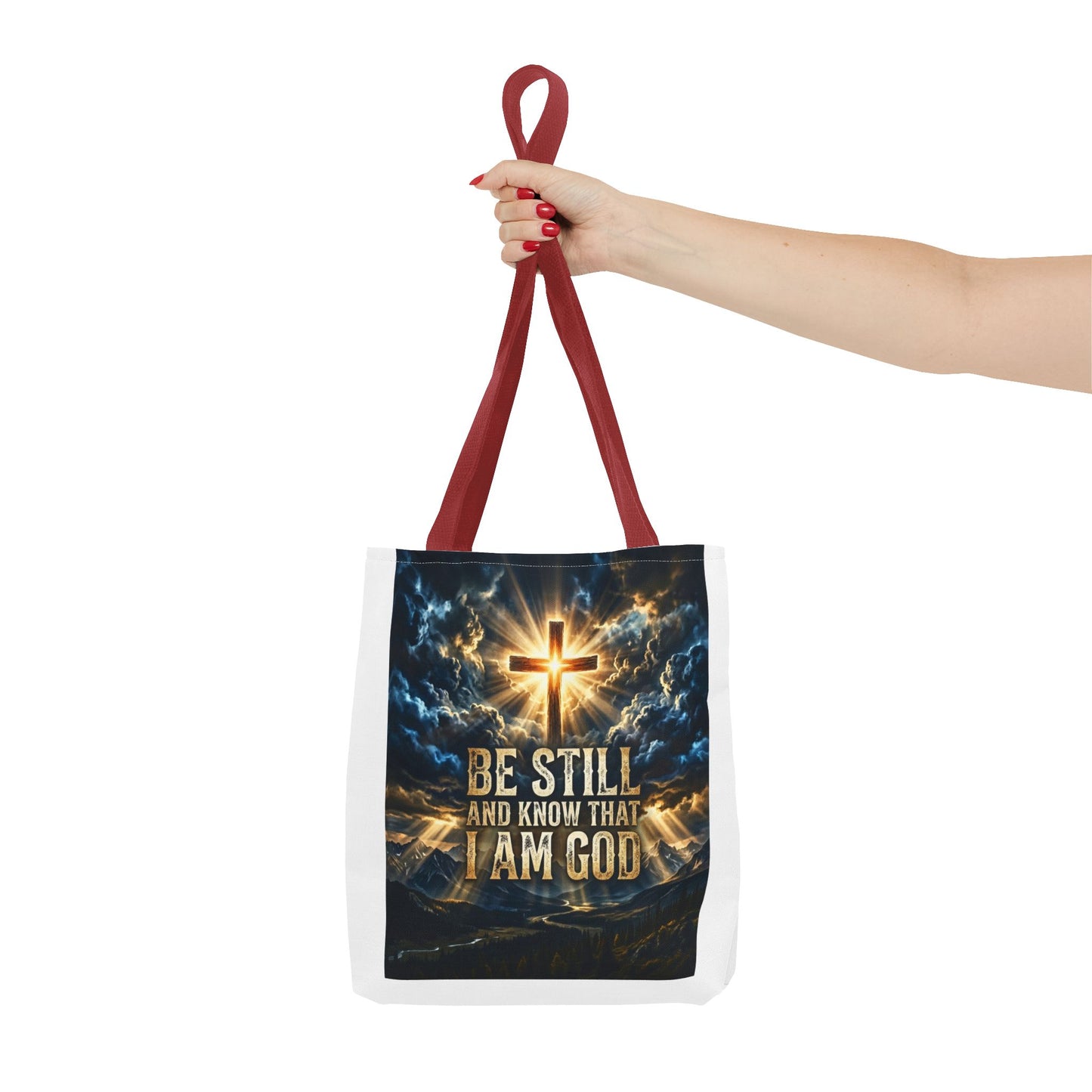 Christian Tote Bag – “Be Still and Know That I Am God” Inspirational Cross Tote