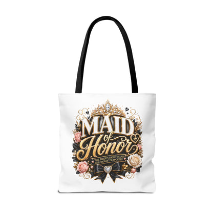Maid of Honor Tote Bag — Elegant Bridal Party Gift with Gold Crown Floral Design