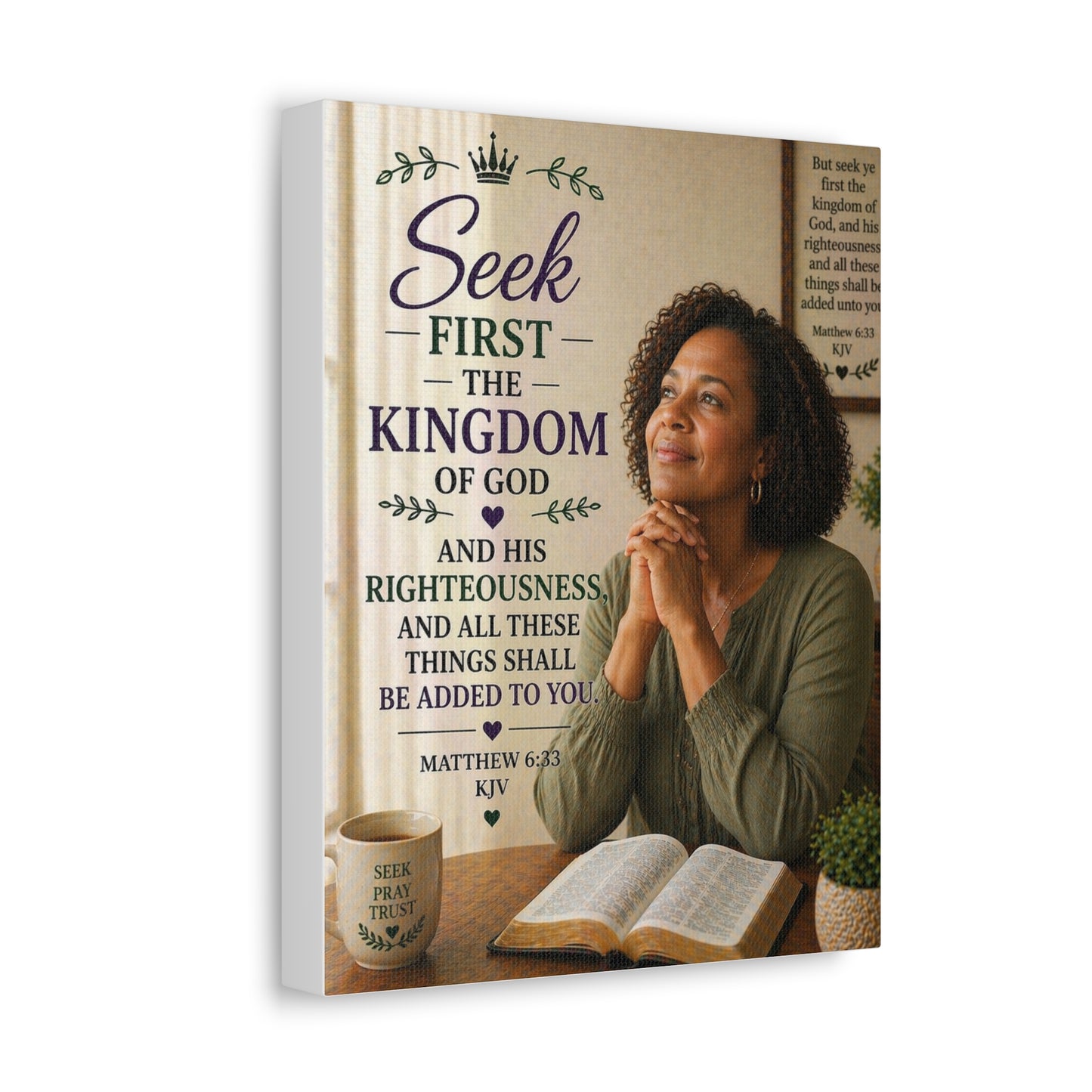 Seek First the Kingdom Canvas Wall Art — Christian Scripture Matthew 6:33 Prayer Decor