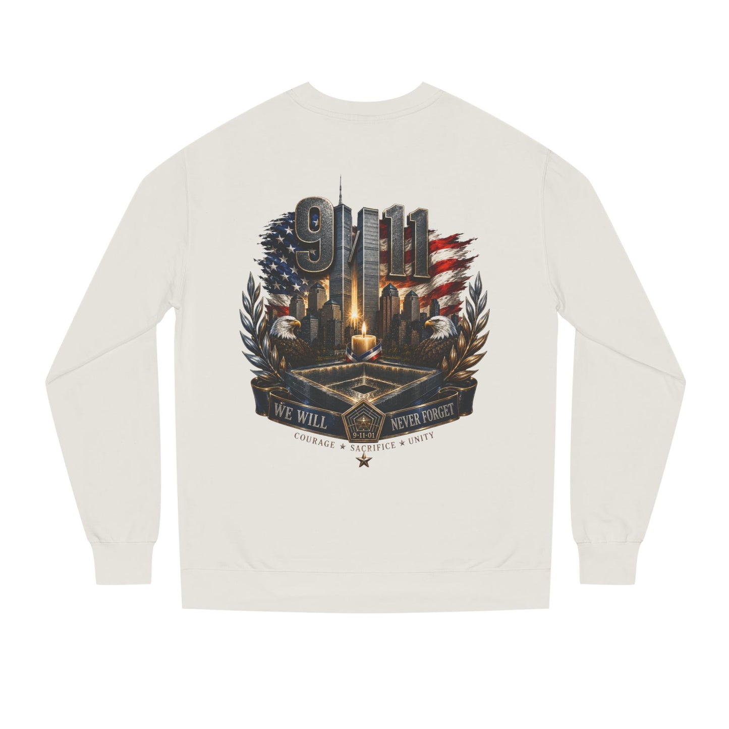 9/11 Memorial Crewneck Sweatshirt — We Will Never Forget Tribute