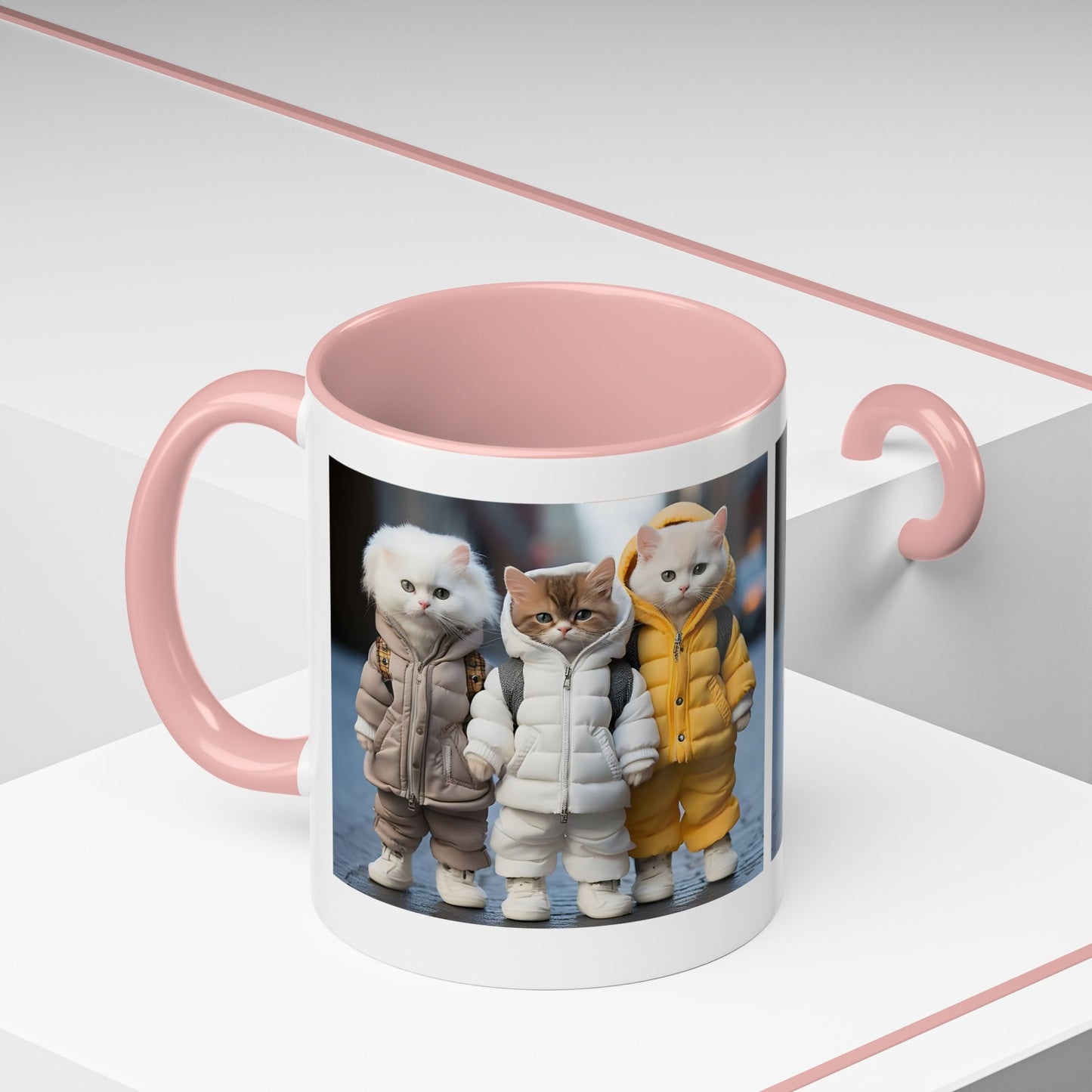 Cat Crew Accent Coffee Mug — Cute Kittens in Puffer Jackets (11/15oz)