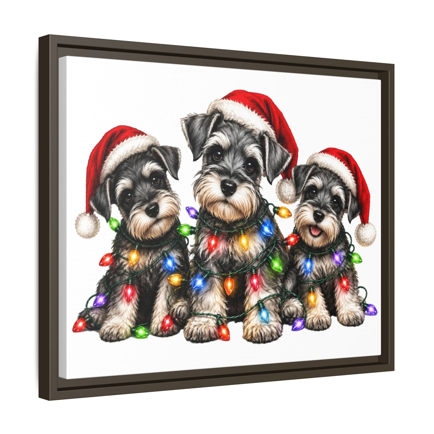 Christmas Schnauzer Canvas Print — Festive Puppies in Santa Hats (Matte Framed)