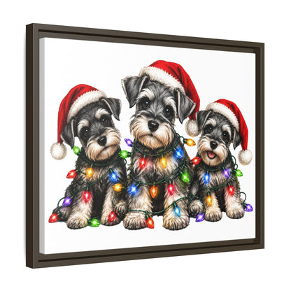 Christmas Schnauzer Canvas Print — Festive Puppies in Santa Hats (Matte Framed)
