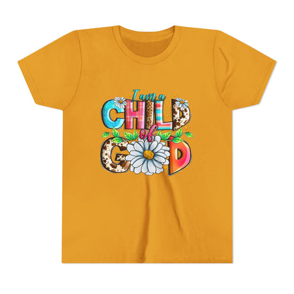 Youth Tee — "I Am a Child of God" Floral Christian Graphic
