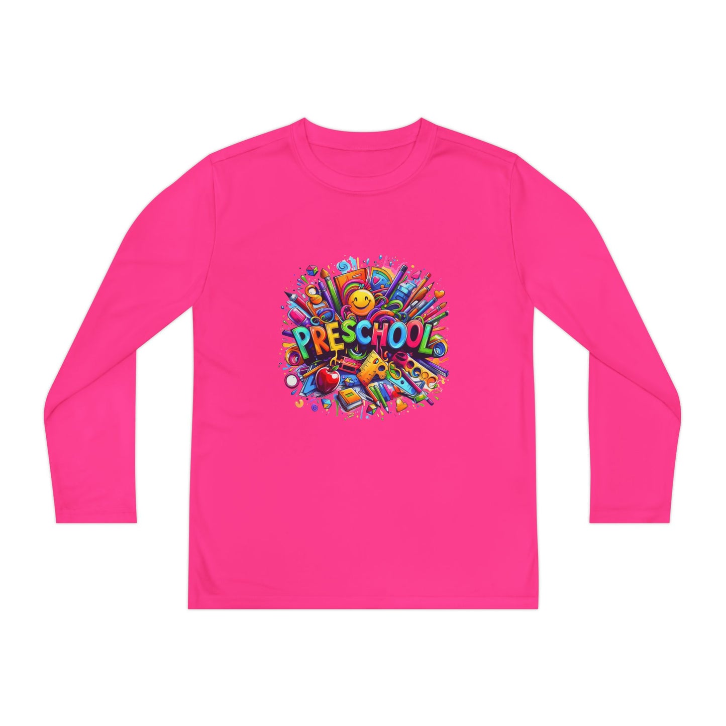 Youth Preschool Long Sleeve Tee - Colorful School Supplies Design